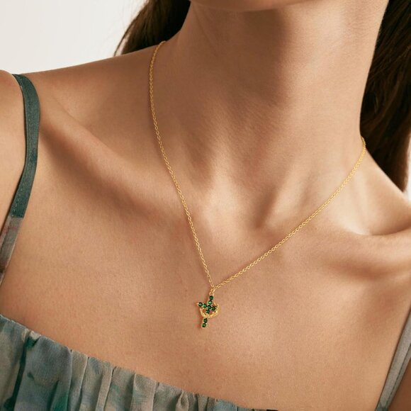 Perfect Gifts Women's Crown M05 Emerald Cross Necklace Gold Plated Faith Jewelry - Picture 4 of 8